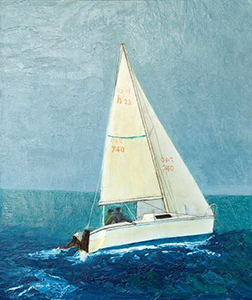 Richard Hyatt Men, Women, and Boats Hula Hula Oil on Canvas Board