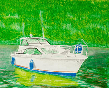 Richard Hyatt Men, Women, and Boats Joey's Trojan on River Oil on Crayon on Paper