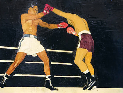Richard Hyatt Men, Women, and Boats Sugar Ray vs Carmen Bastilio Oil on Canvas Board